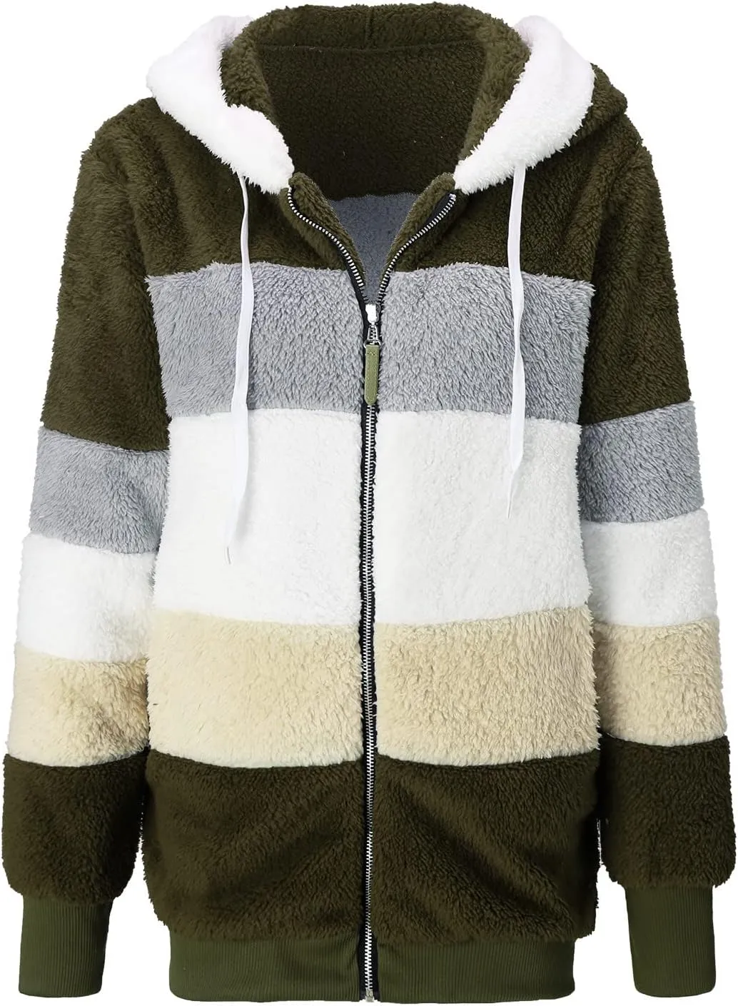 LCMTWX Womens Fuzzy Fleece Jacket Solid Color Artificial Wool Zipper Drawstring Long-Sleeved Hoodie Outerwear with