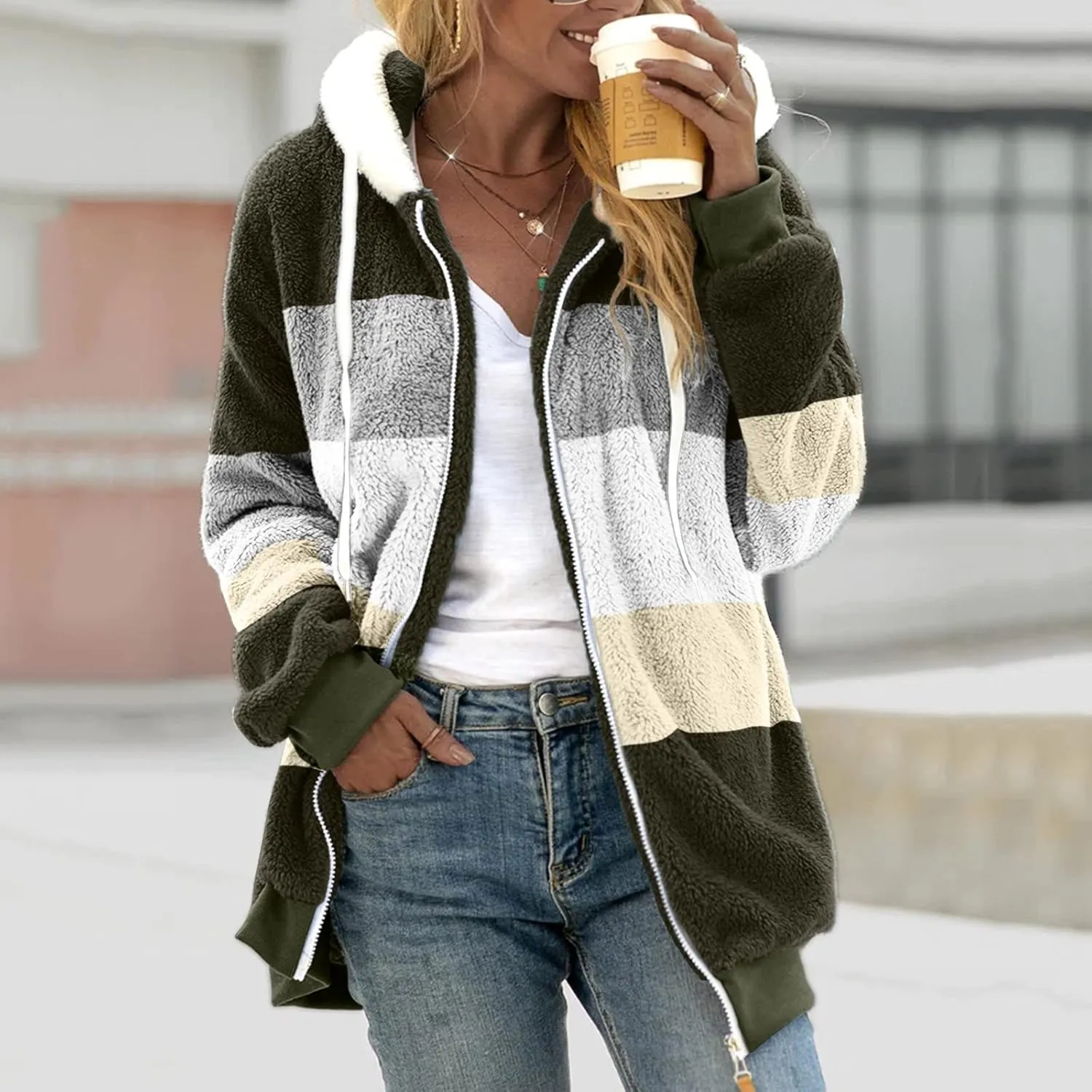 LCMTWX Womens Fuzzy Fleece Jacket Solid Color Artificial Wool Zipper Drawstring Long-Sleeved Hoodie Outerwear with