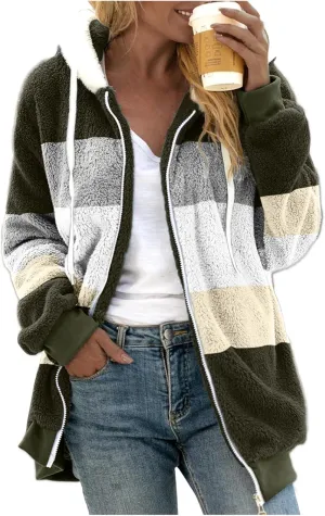 LCMTWX Womens Fuzzy Fleece Jacket Solid Color Artificial Wool Zipper Drawstring Long-Sleeved Hoodie Outerwear with