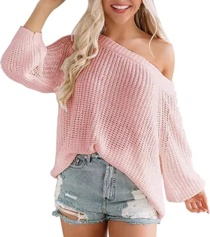 LCMTWX Women's Off The Shoulder Line Neck Hollow Out Loose Knit Pullover Sweater Sweater Pullovers for Teen Girls