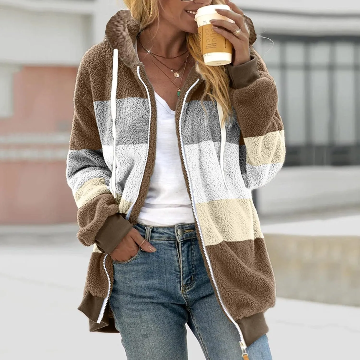 LCMTWX Womens Winter Jacket Coats Solid Color Artificial Wool Zipper Drawstring Long-Sleeved Thermal Sweatshirt Outerwear