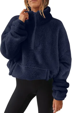 lcziwo Womens Fleece Cropped Sweatshirt Fuzzy Sherpa Half Zip Pullover Tops Oversized Warm Winter Coat with Pockets