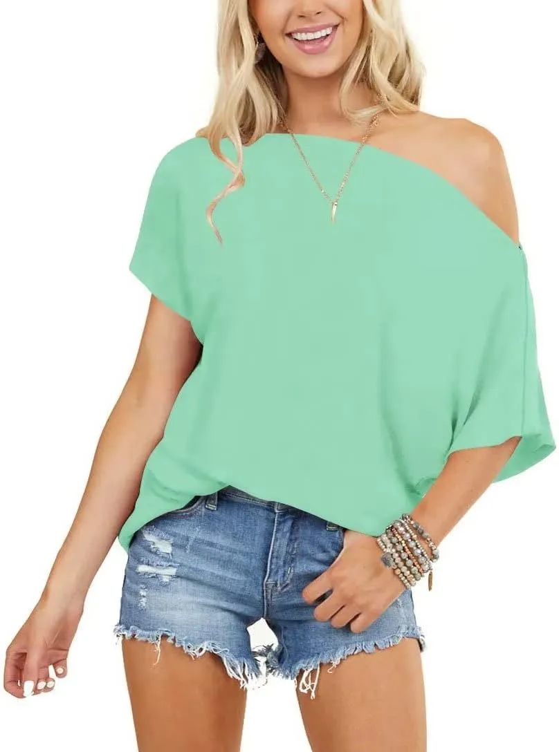 LEEDYA Women Off Shoulder Tops Short Sleeve T-Shirts Loose Blouses Oversized Tunic Tops