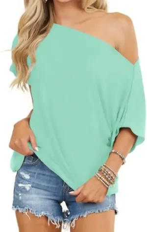 LEEDYA Women Off Shoulder Tops Short Sleeve T-Shirts Loose Blouses Oversized Tunic Tops