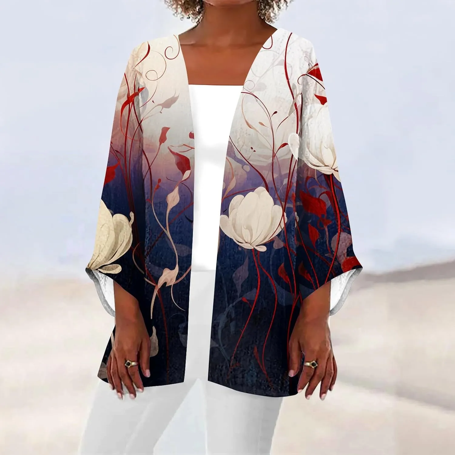 Lightweight Cardigan for Women Summer Printed Beach Cover Up Tops Casual Blouse Open Front 3/4 Sleeve Kimono Cardigan