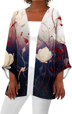 Lightweight Cardigan for Women Summer Printed Beach Cover Up Tops Casual Blouse Open Front 3/4 Sleeve Kimono Cardigan