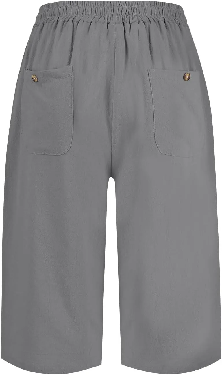 Linen Bermuda Shorts for Women Knee Length Drawstring Shorts High Waisted Long Shorts Casual Beach Shorts w/Pockets