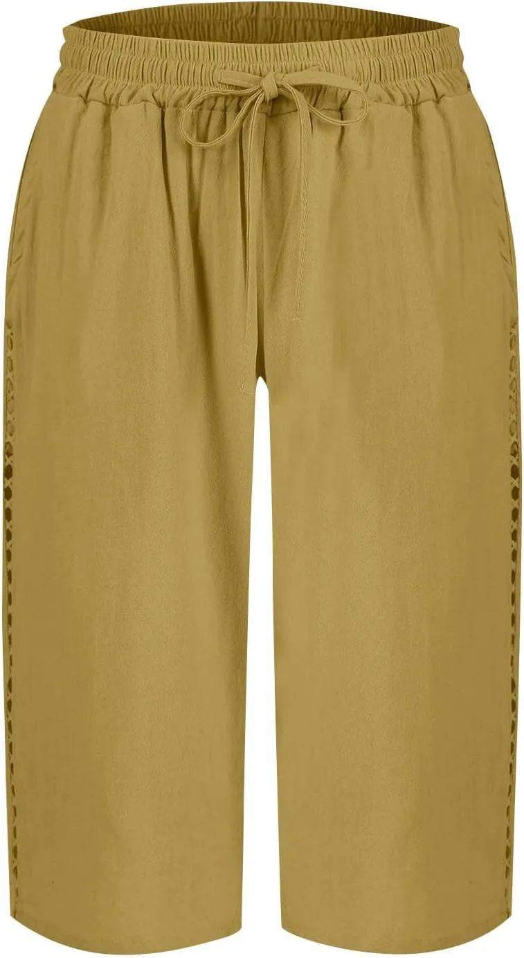 Linen Bermuda Shorts for Women Knee Length Drawstring Shorts High Waisted Long Shorts Casual Beach Shorts w/Pockets