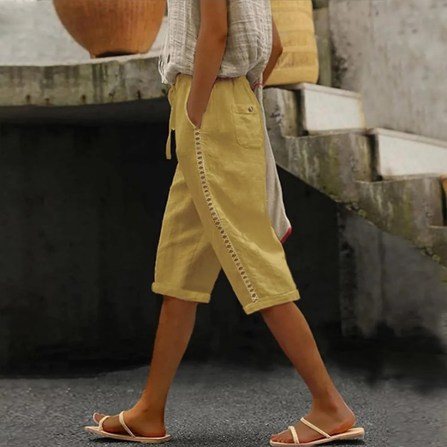 Linen Bermuda Shorts for Women Knee Length Drawstring Shorts High Waisted Long Shorts Casual Beach Shorts w/Pockets