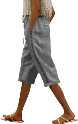 Linen Bermuda Shorts for Women Knee Length Drawstring Shorts High Waisted Long Shorts Casual Beach Shorts w/Pockets