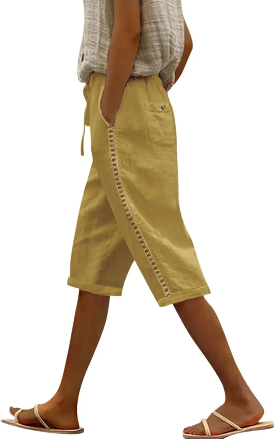Linen Bermuda Shorts for Women Knee Length Drawstring Shorts High Waisted Long Shorts Casual Beach Shorts w/Pockets