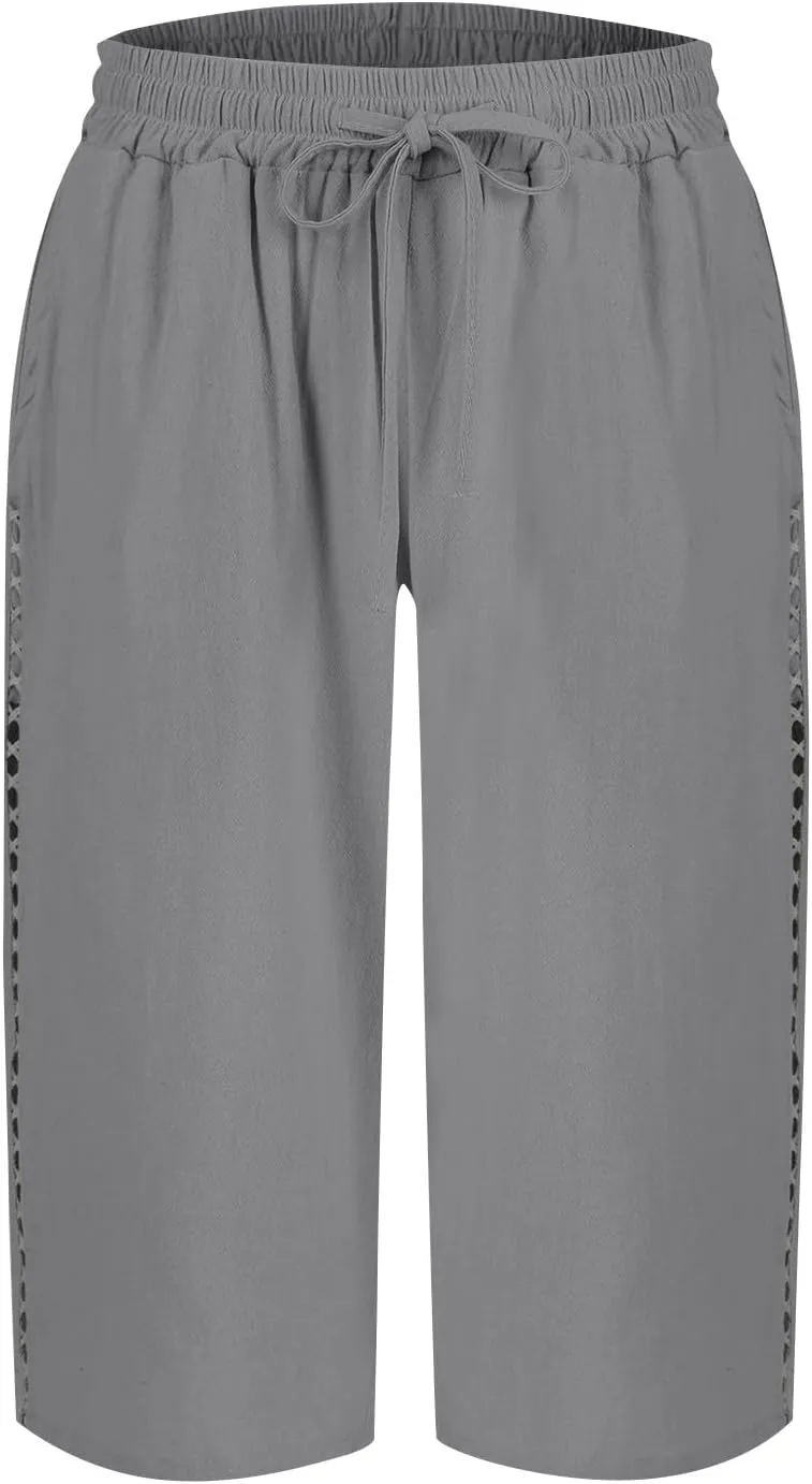 Linen Bermuda Shorts for Women Knee Length Drawstring Shorts High Waisted Long Shorts Casual Beach Shorts w/Pockets