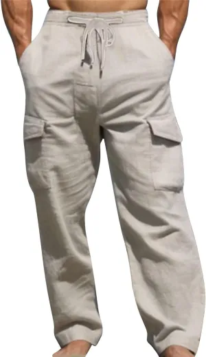 Linen Cargo Pants Men's Lightweight Soft Wide Leg Sweatpants Summer Loose Fit Drawstring Solid Joggers Daily Workout Trousers
