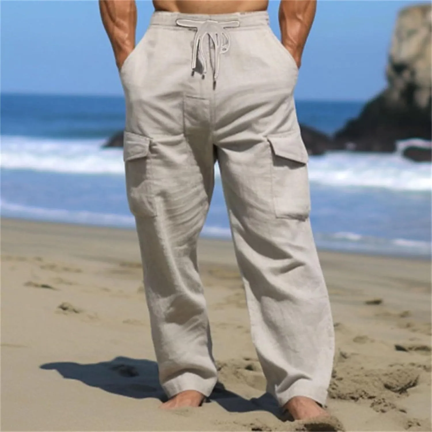 Linen Cargo Pants Men's Lightweight Soft Wide Leg Sweatpants Summer Loose Fit Drawstring Solid Joggers Daily Workout Trousers