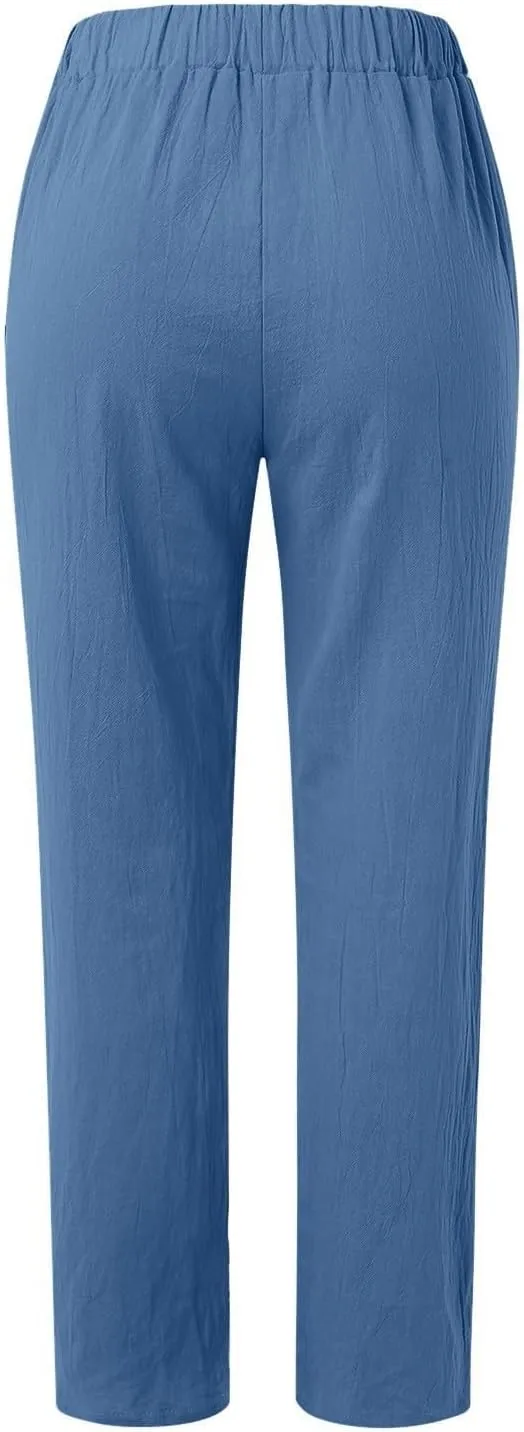 Linen Pants Women Linen Striped Elastic Waist Side Back Four Pockets 9/10 Loose Drawstring Elastic Waist Cropped Trouser