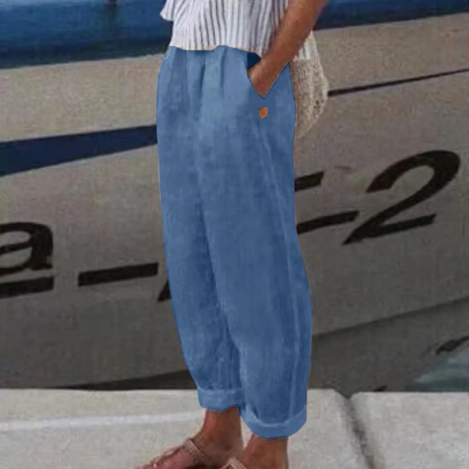 Linen Pants Women Linen Striped Elastic Waist Side Back Four Pockets 9/10 Loose Drawstring Elastic Waist Cropped Trouser