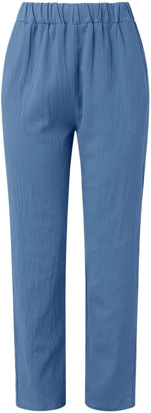 Linen Pants Women Linen Striped Elastic Waist Side Back Four Pockets 9/10 Loose Drawstring Elastic Waist Cropped Trouser