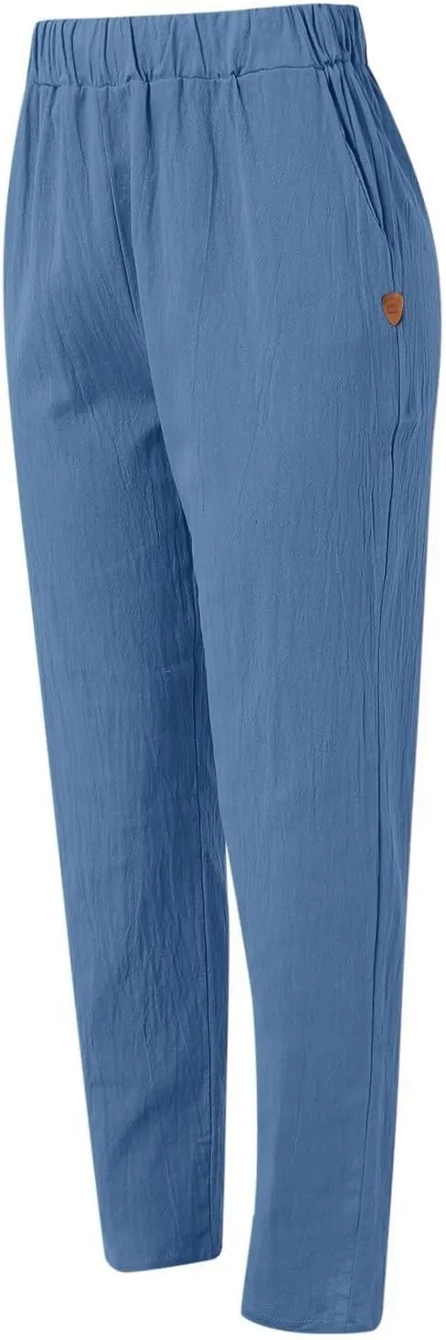 Linen Pants Women Linen Striped Elastic Waist Side Back Four Pockets 9/10 Loose Drawstring Elastic Waist Cropped Trouser
