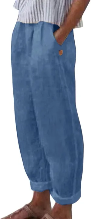 Linen Pants Women Linen Striped Elastic Waist Side Back Four Pockets 9/10 Loose Drawstring Elastic Waist Cropped Trouser