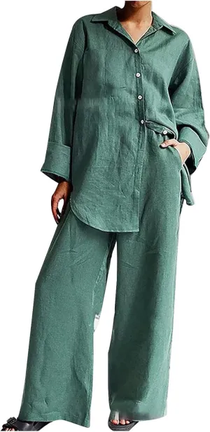 Linen Set for Women Two Piece Outfits Oversized Long Sleeve Button Down Shirts Wide Leg Pants Casual Matching Sets