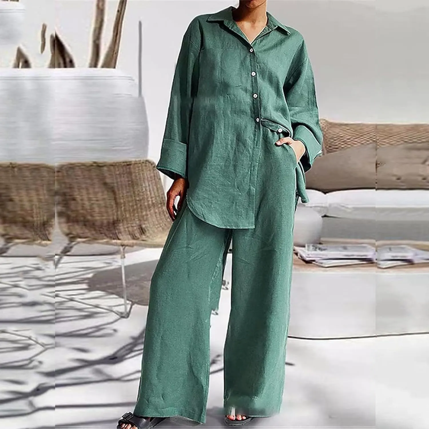 Linen Set for Women Two Piece Outfits Oversized Long Sleeve Button Down Shirts Wide Leg Pants Casual Matching Sets