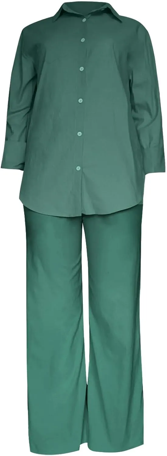 Linen Set for Women Two Piece Outfits Oversized Long Sleeve Button Down Shirts Wide Leg Pants Casual Matching Sets