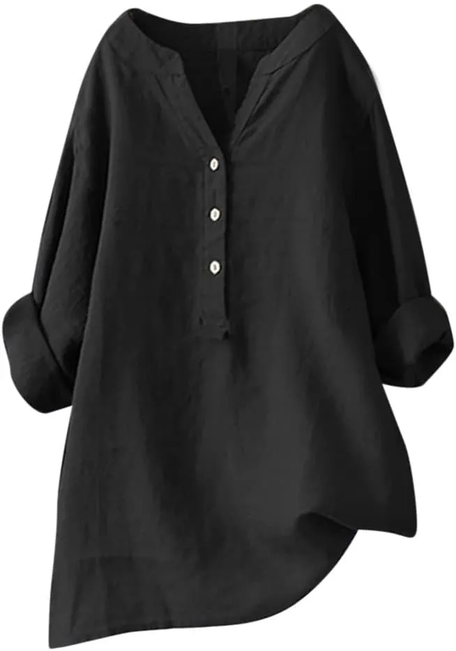 Linen Shirts for Women 2024 Plus Size 3/4 Length Sleeve Tops Casual Loose Fit Round Neck Tees Summer Fashion Blouse Womens Cotton Tops Spring Tops for Women 2024 Green Tops for Women