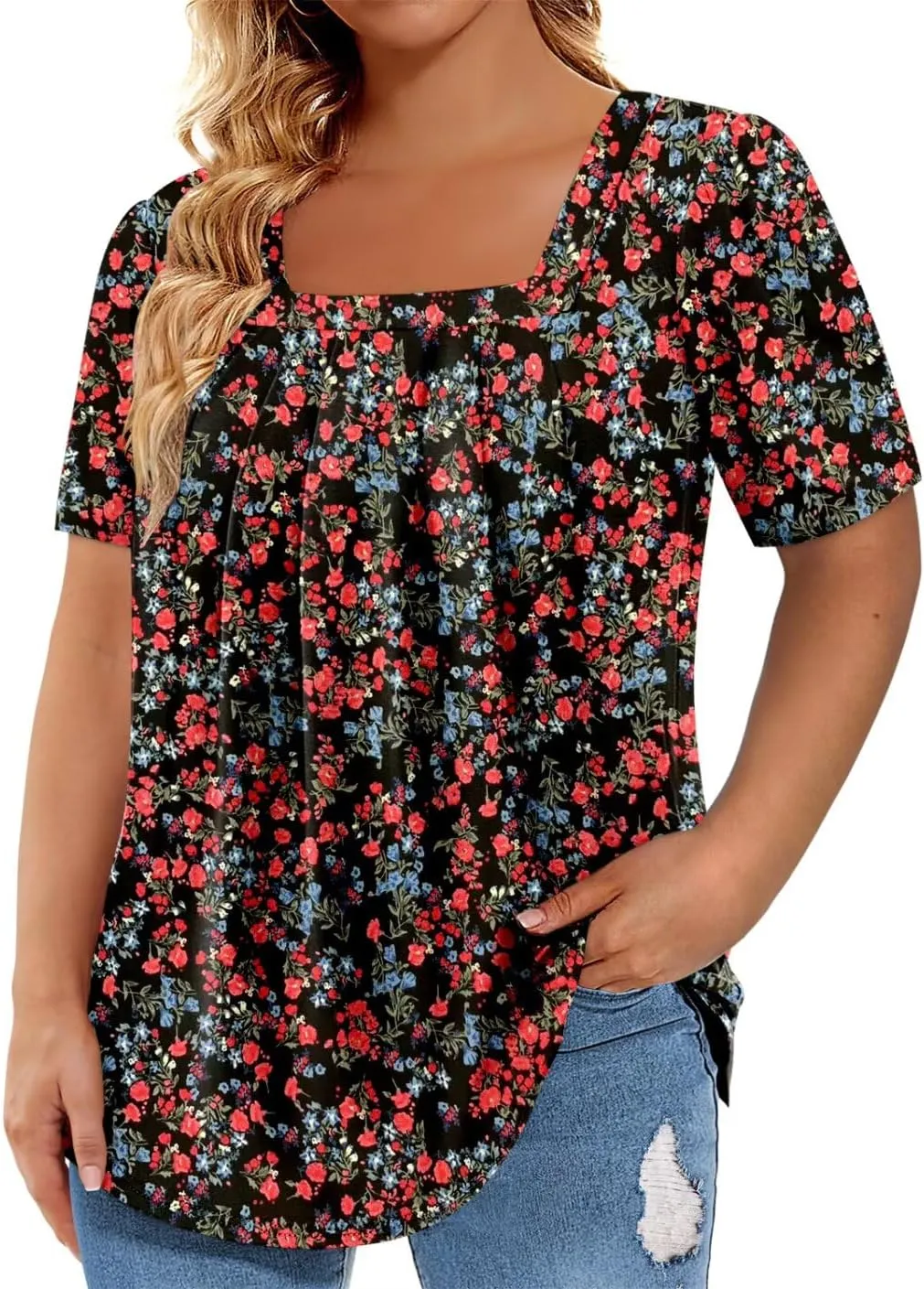 Magritta Womens Plus Size Tops Flowy Summer Blouses Short Sleeve Shirts Pleated Dressy Tunic Tops