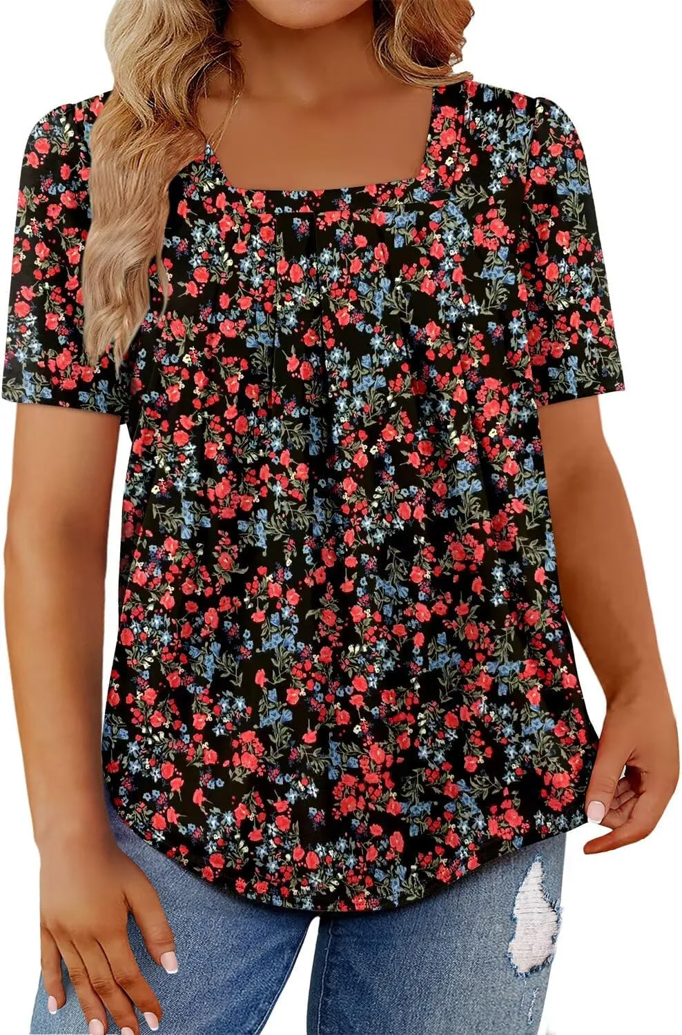 Magritta Womens Plus Size Tops Flowy Summer Blouses Short Sleeve Shirts Pleated Dressy Tunic Tops