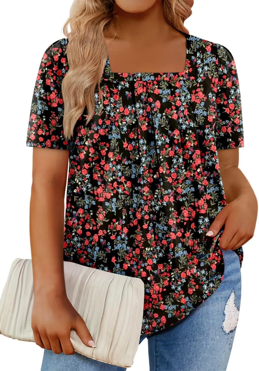 Magritta Womens Plus Size Tops Flowy Summer Blouses Short Sleeve Shirts Pleated Dressy Tunic Tops