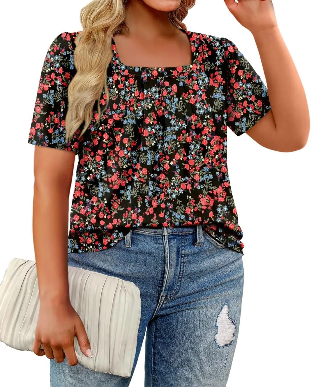 Magritta Womens Plus Size Tops Flowy Summer Blouses Short Sleeve Shirts Pleated Dressy Tunic Tops