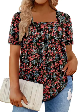 Magritta Womens Plus Size Tops Flowy Summer Blouses Short Sleeve Shirts Pleated Dressy Tunic Tops