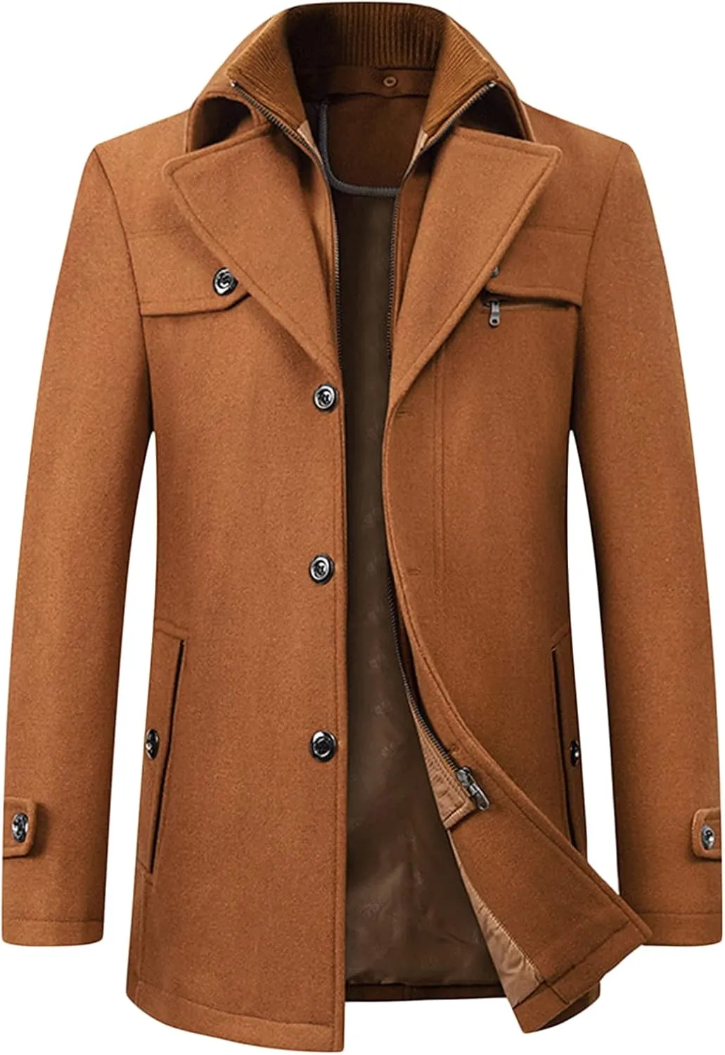 Maiyifu-GJ Men Layered Collar Wool Blend Jacket Military Single Breasted Pea Coat Thick Stylish Quilted Lined Trench Overcoat
