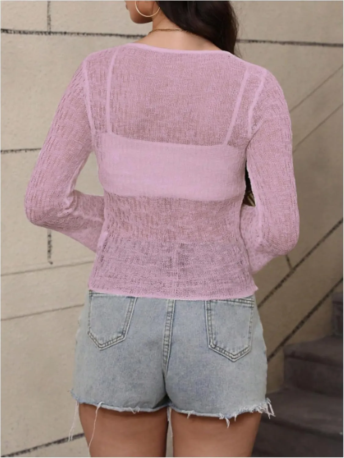 MakeMeChic Women's Knit Tops Bell Sleeve Scoop Neck Sheer Sweater Y2k Crop Tops