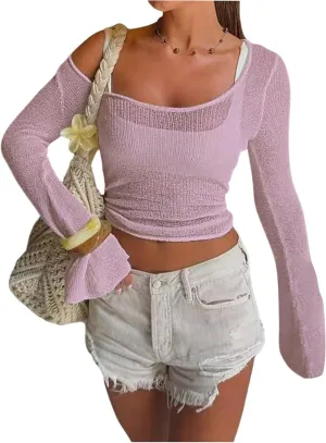 MakeMeChic Women's Knit Tops Bell Sleeve Scoop Neck Sheer Sweater Y2k Crop Tops