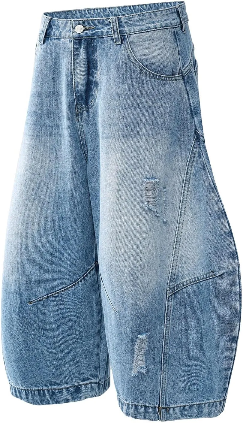 Men Baggy Denim Jorts Y2K Vintage Loose Hip Hop Jean Shorts Wide Leg Long Jeans with Pockets Streetwear