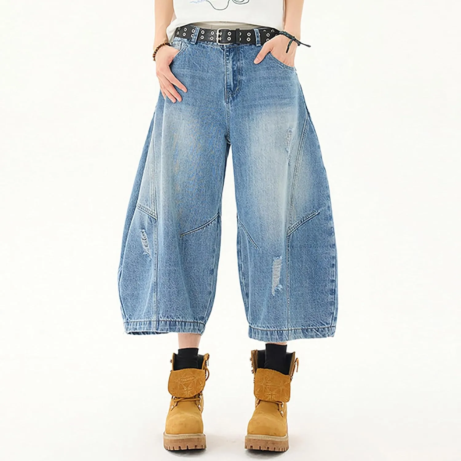 Men Baggy Denim Jorts Y2K Vintage Loose Hip Hop Jean Shorts Wide Leg Long Jeans with Pockets Streetwear