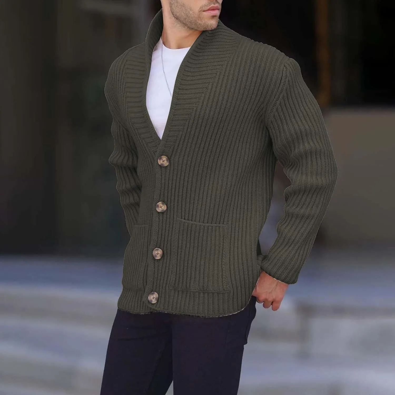 Men Cardigan Sweater Winter Warm Chunky Knitted Jumper Overszie Stand Collar Button Down Rib Knitted Coat with Pocket