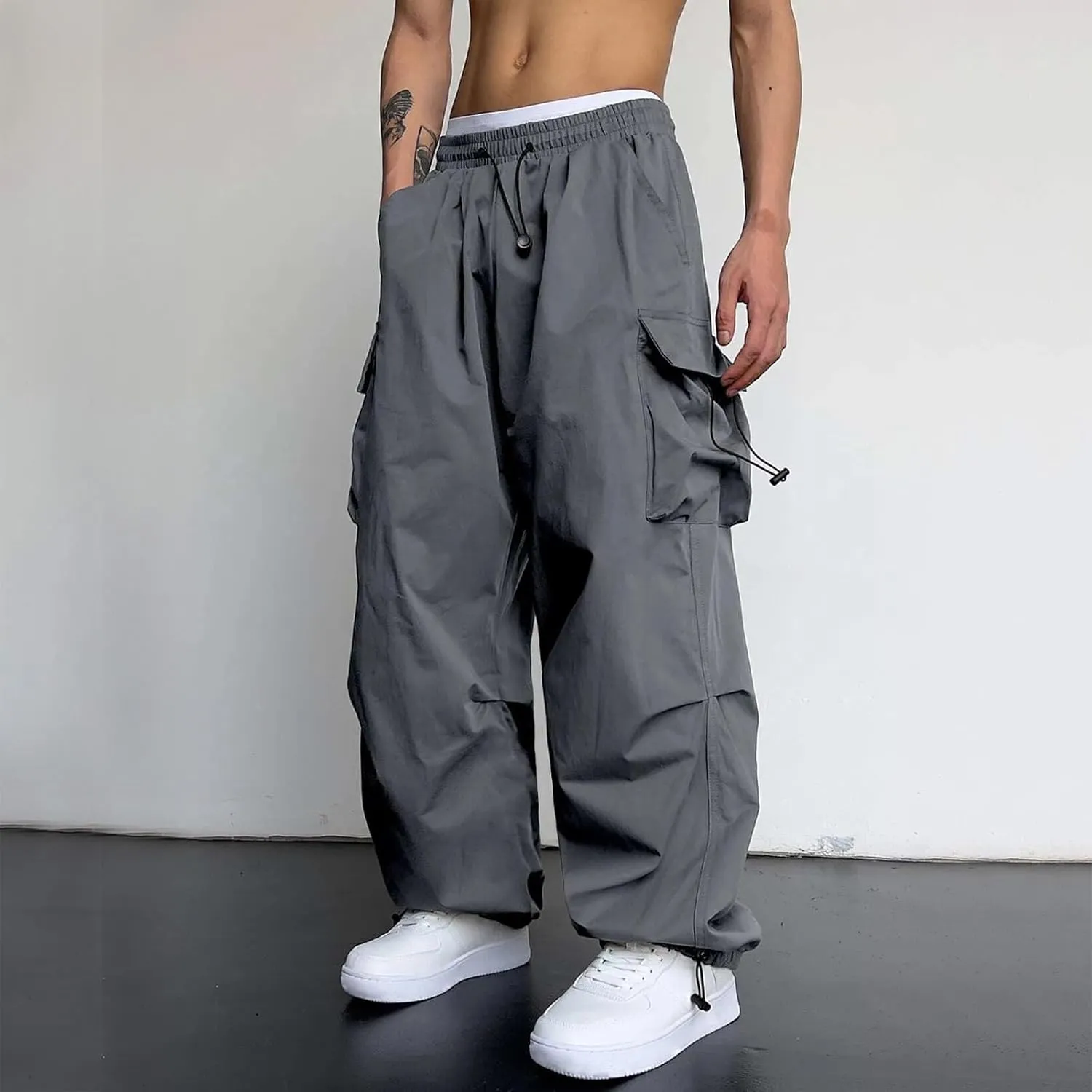 Men Cargo Joggers Pants Parachute Pants Lounge Drawstring Relaxed Fit Hip Hop Lightweight Stretch Loose Workout Pants
