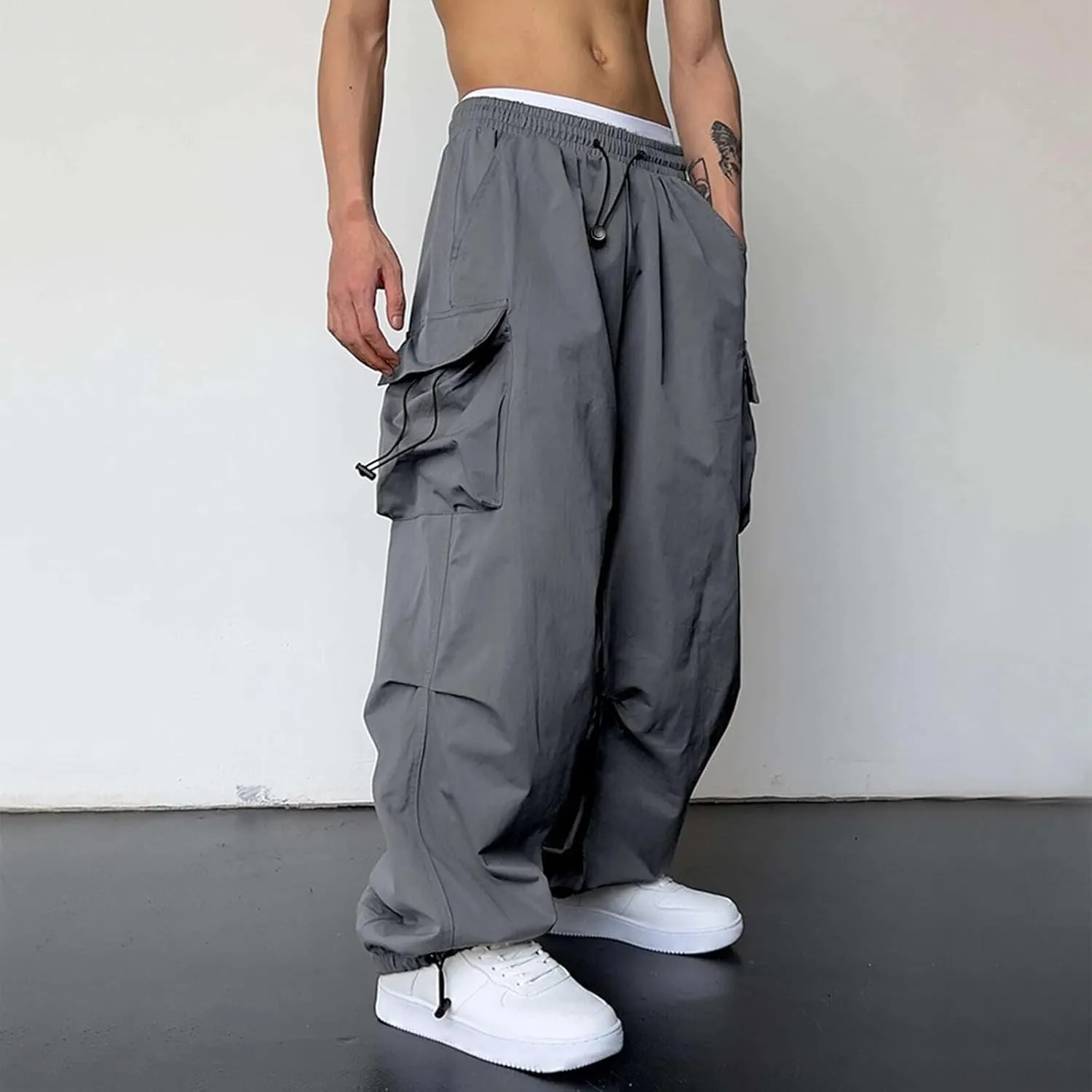 Men Cargo Joggers Pants Parachute Pants Lounge Drawstring Relaxed Fit Hip Hop Lightweight Stretch Loose Workout Pants
