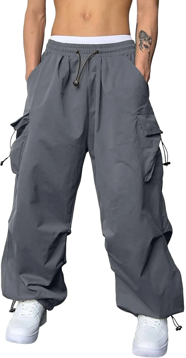 Men Cargo Joggers Pants Parachute Pants Lounge Drawstring Relaxed Fit Hip Hop Lightweight Stretch Loose Workout Pants