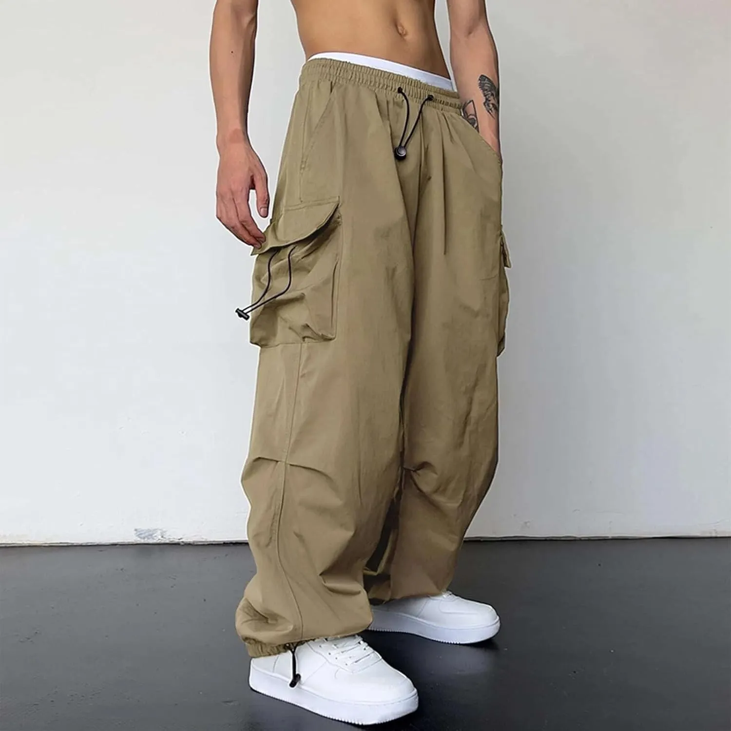 Men Cargo Joggers Pants Parachute Pants Lounge Drawstring Relaxed Fit Hip Hop Lightweight Stretch Loose Workout Pants