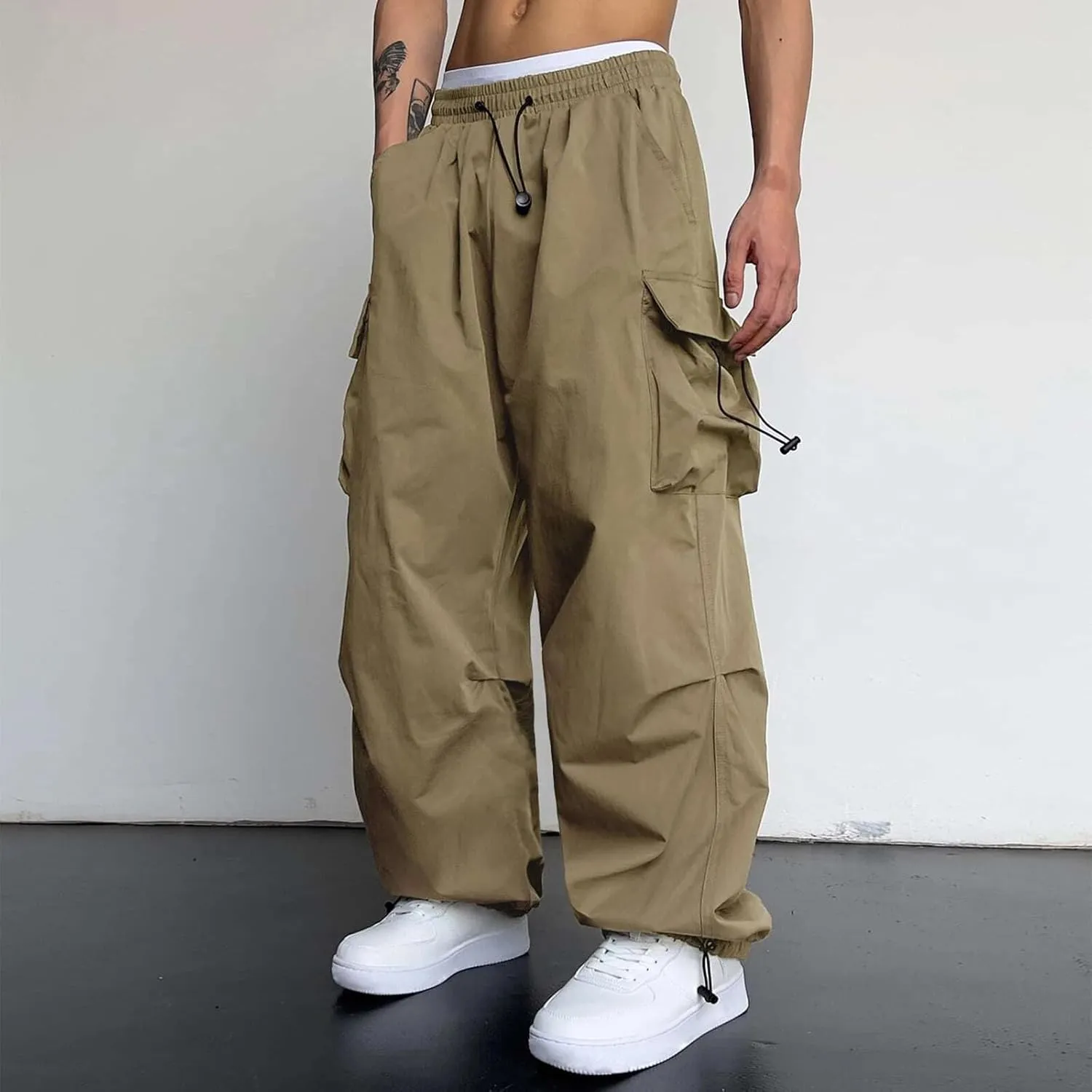 Men Cargo Joggers Pants Parachute Pants Lounge Drawstring Relaxed Fit Hip Hop Lightweight Stretch Loose Workout Pants