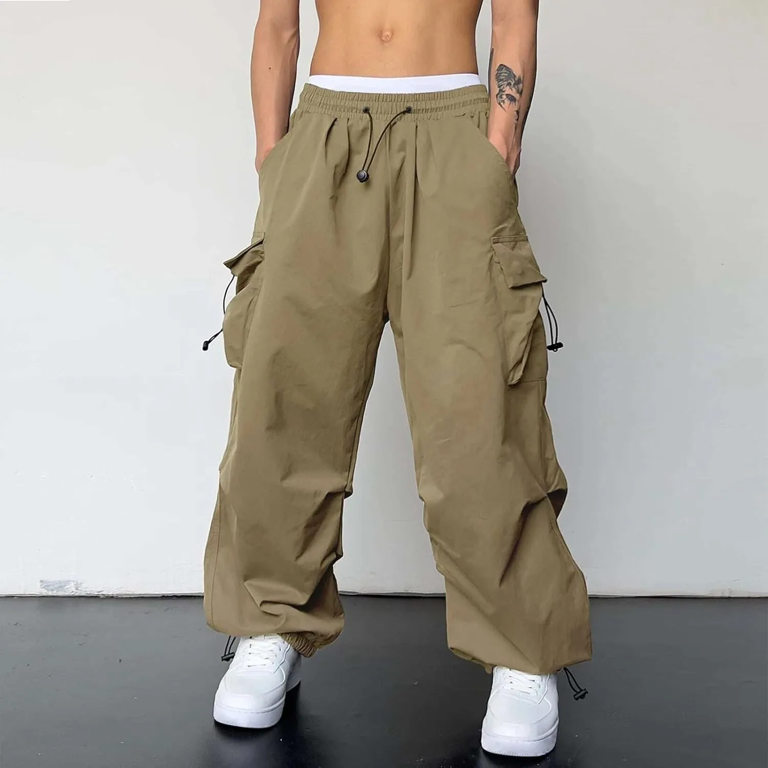Men Cargo Joggers Pants Parachute Pants Lounge Drawstring Relaxed Fit Hip Hop Lightweight Stretch Loose Workout Pants