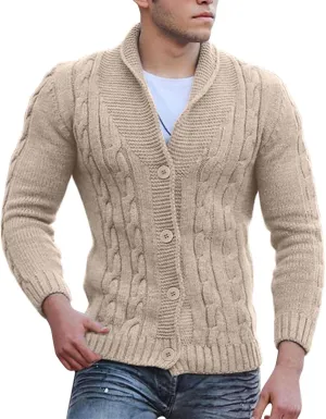 Mens Cable Knit Cardigan Sweater Plus Size Warm Button Down Twisted Jumper Fashion Shawl Collar Chunky Knitted Jacket