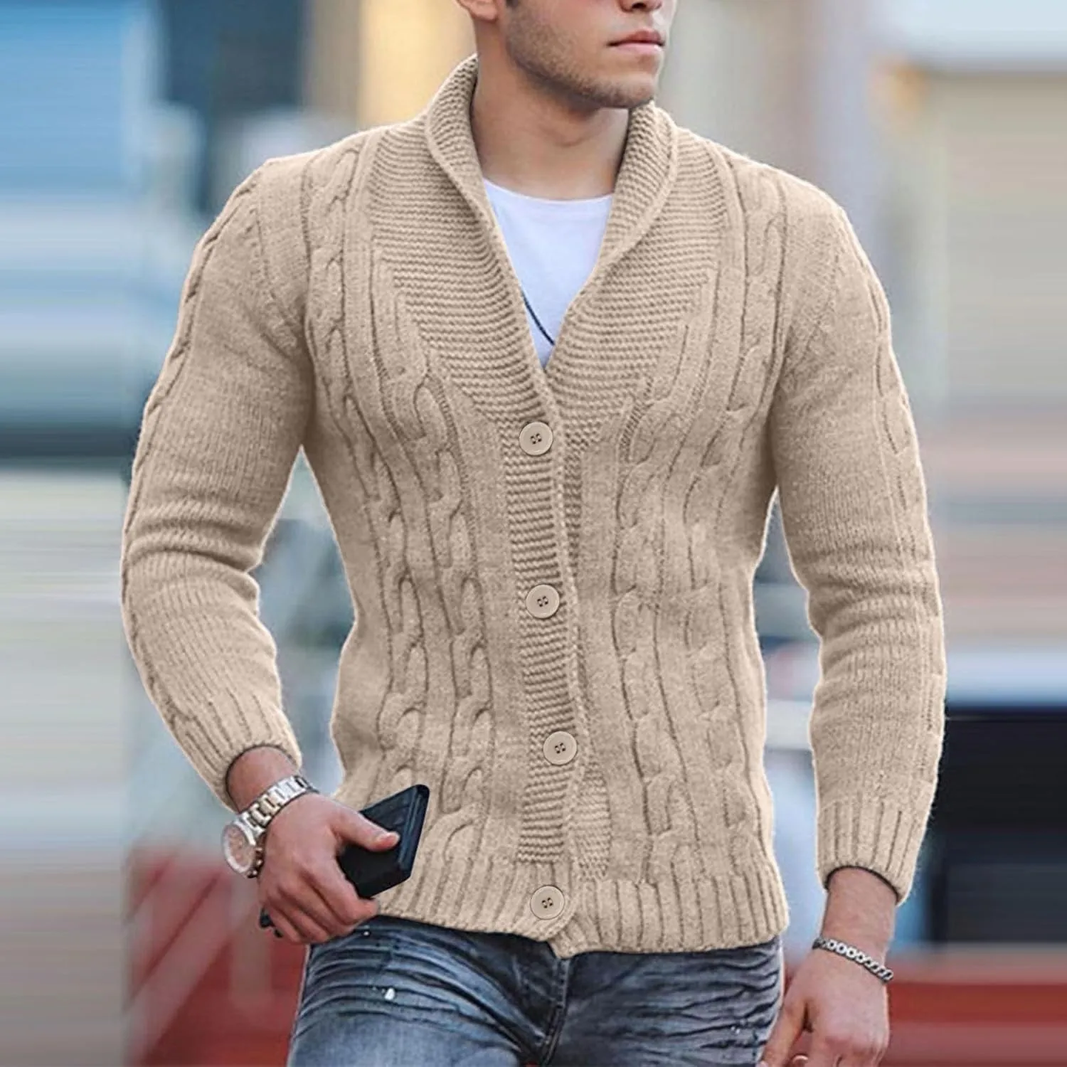 Mens Cable Knit Cardigan Sweater Plus Size Warm Button Down Twisted Jumper Fashion Shawl Collar Chunky Knitted Jacket