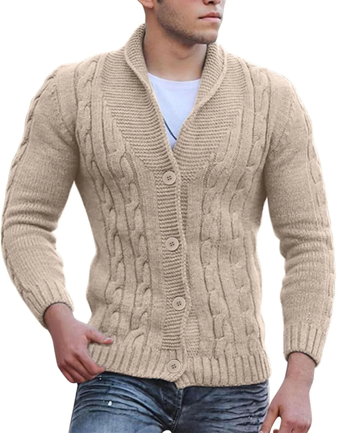 Mens Cable Knit Cardigan Sweater Plus Size Warm Button Down Twisted Jumper Fashion Shawl Collar Chunky Knitted Jacket