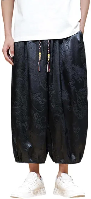 Men's Cotton Linen Pants Drawstring Elastic Waist Cinch Bottoms Summer Beach Pants Loose Fit Drop Crotch Trousers