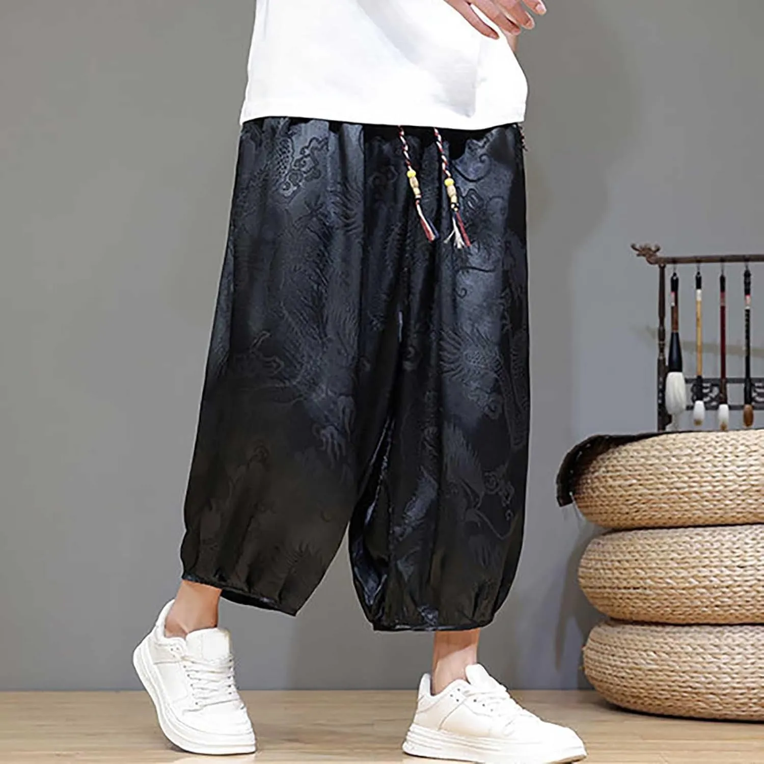 Men's Cotton Linen Pants Drawstring Elastic Waist Cinch Bottoms Summer Beach Pants Loose Fit Drop Crotch Trousers