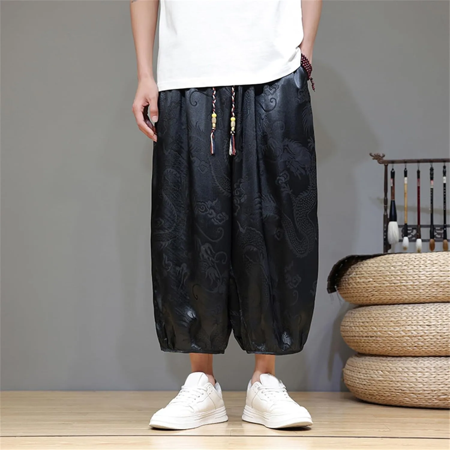 Men's Cotton Linen Pants Drawstring Elastic Waist Cinch Bottoms Summer Beach Pants Loose Fit Drop Crotch Trousers